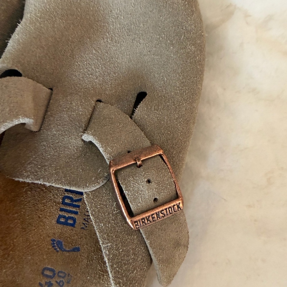 Birkenstock Taupe Suede Clogs with Copper Buckles - Picture 2 of 4